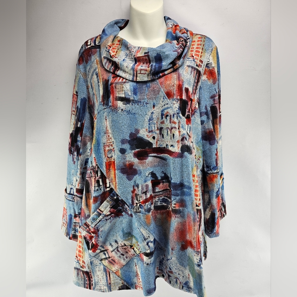 Ali Miles Artsy City Drape Neck Fleece Tunic Top Size Large